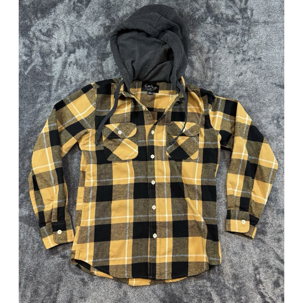 Free Planet Mens Small Yellow Plaid Flannel Hooded Button Up Cotton Pockets